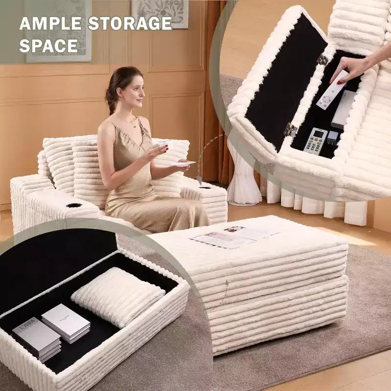 Chaise longue de grandes dimensões para interior com pufe de arrumação, sofá-cama estofado em bombazina Cloud Couch com 3 almofadas, poltrona-cama individual