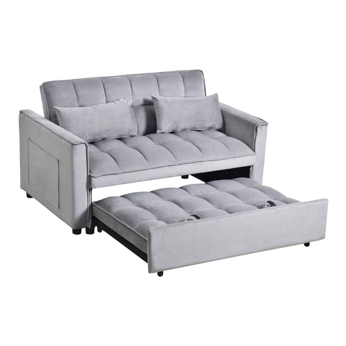 Sofá-cama moderno extensível, sofá-cama 3-em-1 com encosto ajustável, sofá de dois lugares em veludo, almofadas e bolsos laterais