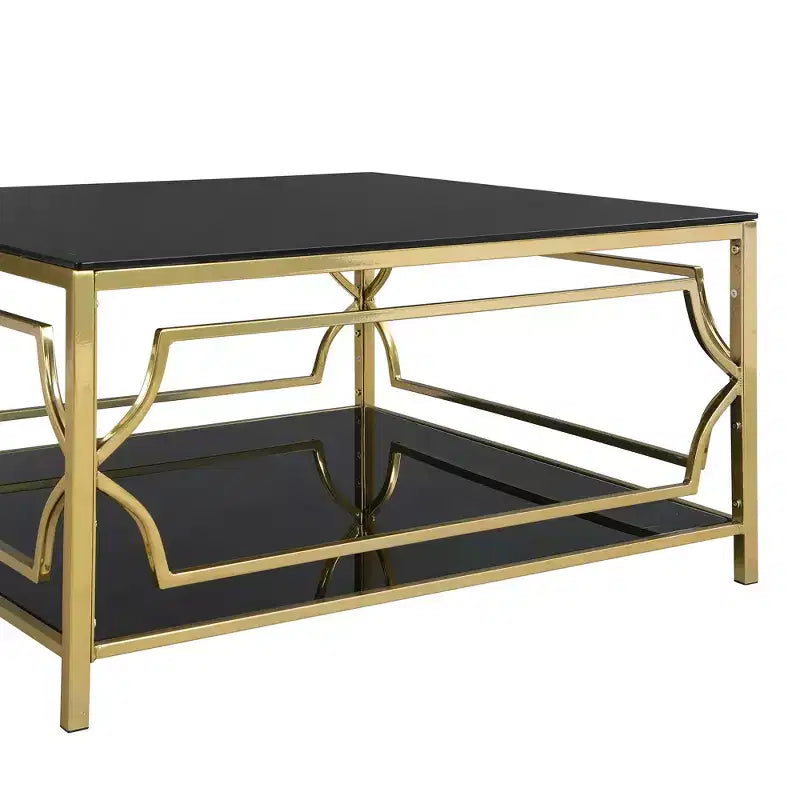 Mesa de centro quadrada Merax com tampo de vidro preto ou transparente e prateleira de exposição de dois níveis