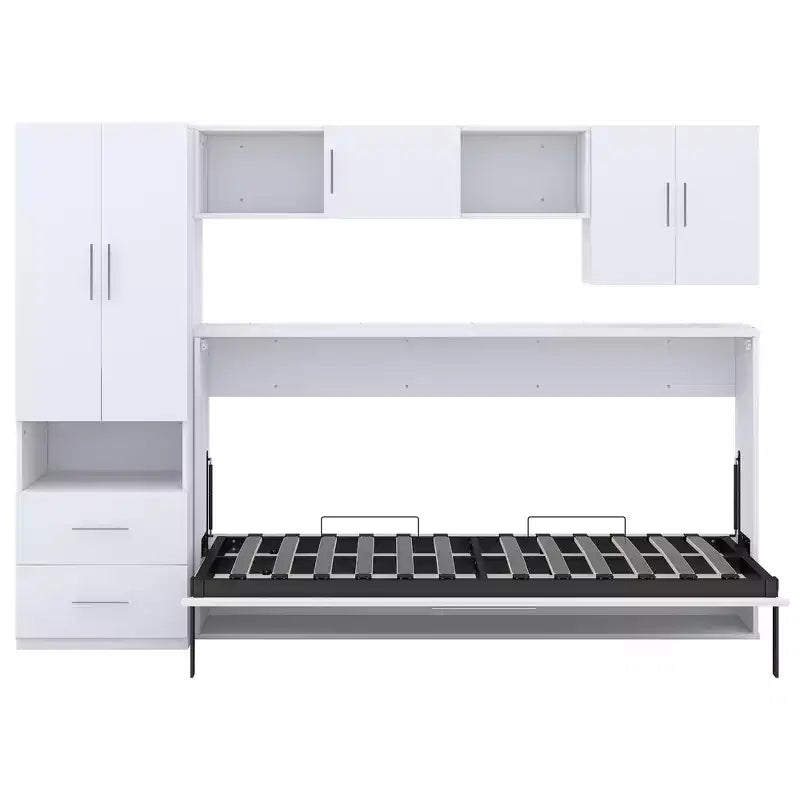 Cama escamoteável de solteiro com estrutura de cama de parede, armário de madeira com roupeiro integrado, gavetas de arrumação e prateleiras abertas, branco -ModernLuxe