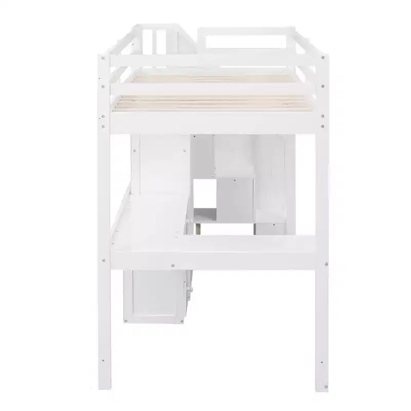 Hochbett in Twin-Größe mit L-förmigem Schreibtisch, 3 Schubladen, Schrank und Stauraum in der Treppe, Konstruktion aus massivem Kiefernholz/MDF