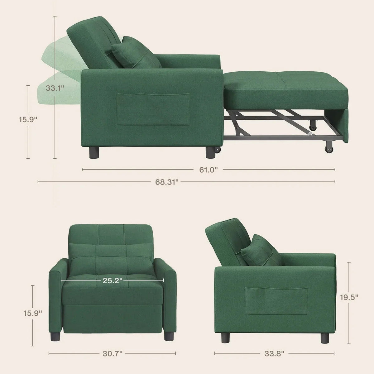 Sofá-cama ajustável 3 em 1, sofá-cadeira extraível, cama dobrável convertível para a sala de estar