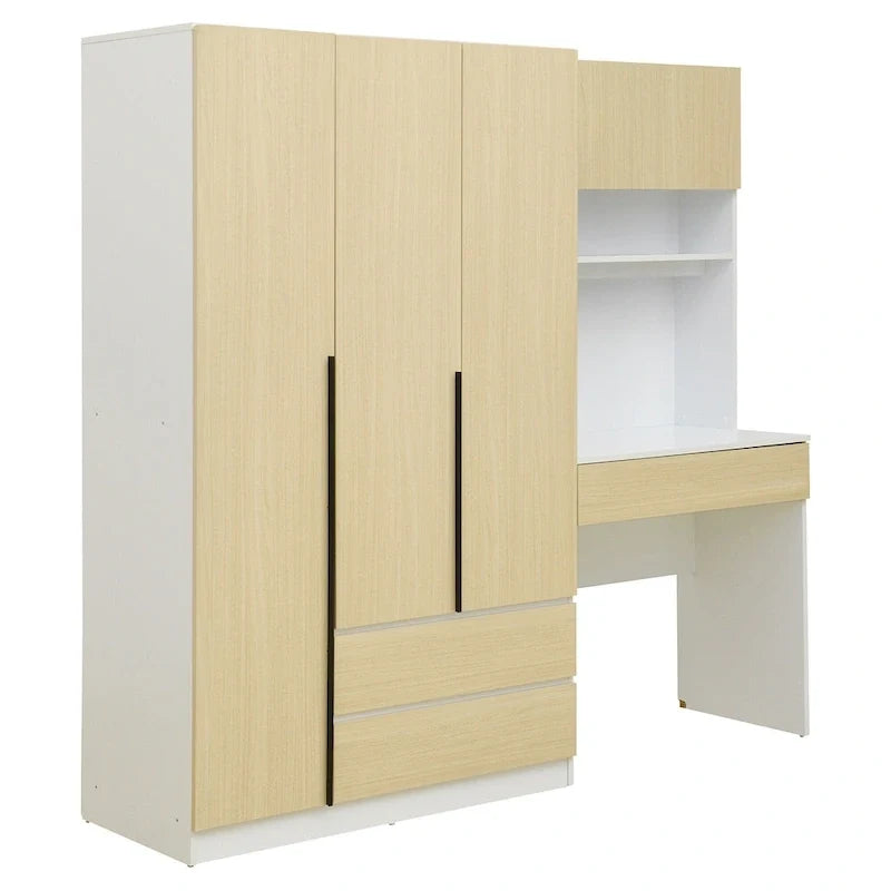 Roupeiro 3 em 1 com mesa de maquilhagem, conjunto de secretária, armário de quarto com 2 gavetas, 3 portas e espaço de arrumação