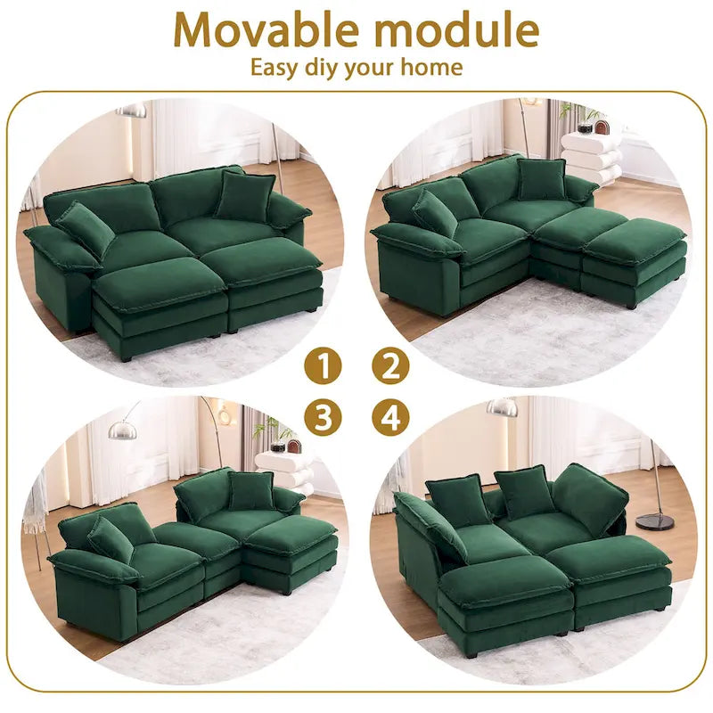 Canapé 2 places avec 2 coussins, 2 oreillers et 2 poufs, canapé confortable – canapé profond modulable pour le salon