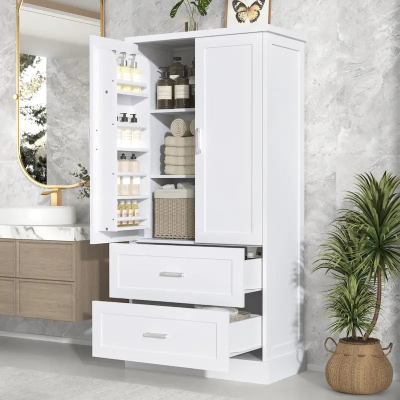 Hohes Badezimmer-Aufbewahrungsregal, Schrank mit zwei Türen und Schubladen, verstellbarem Regalboden und MDF-Platte