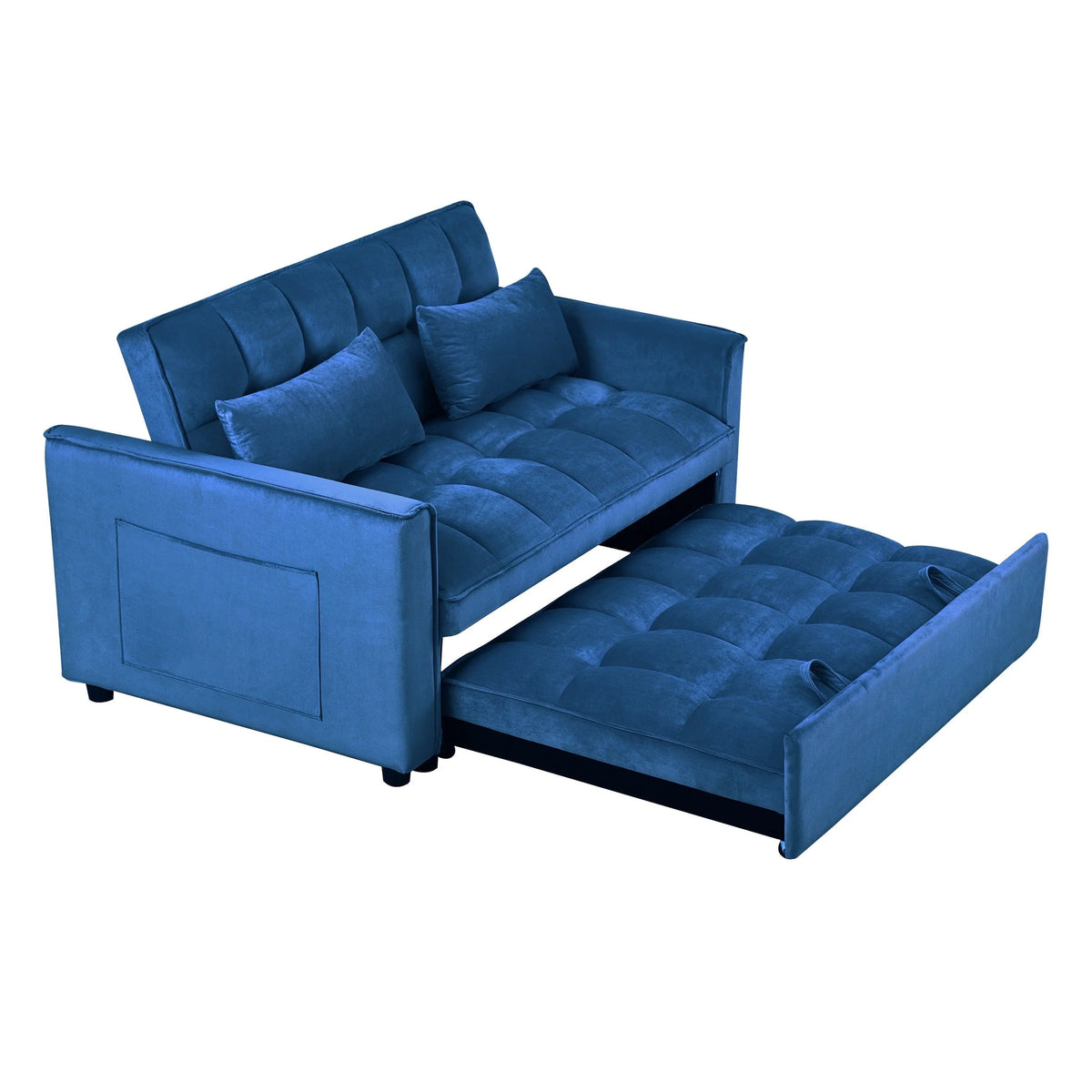 Sofá-cama moderno extensível, sofá-cama 3-em-1 com encosto ajustável, sofá de dois lugares em veludo, almofadas e bolsos laterais