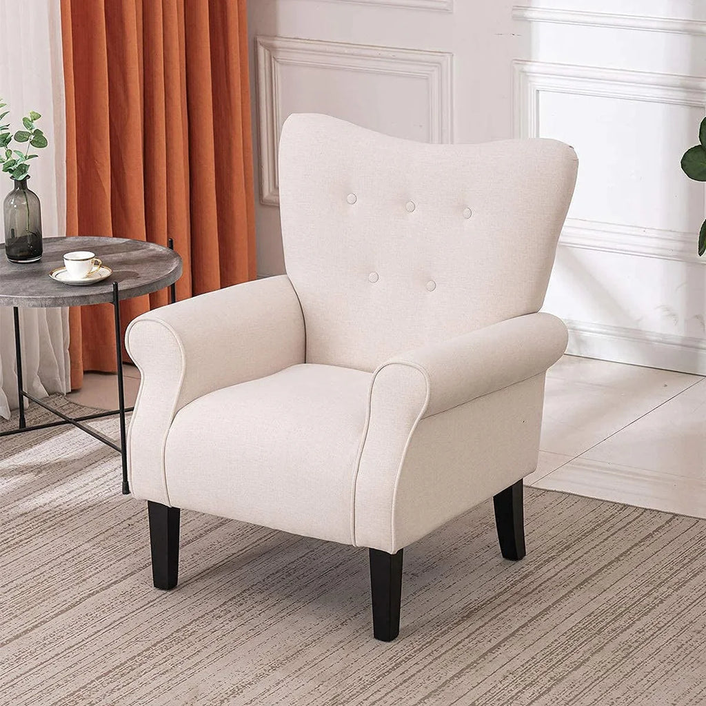 Fauteuil d’appoint moderne Erommy, fauteuil à dossier haut, canapé une place en tissu rembourré avec boutons et pieds en bois pour le salon