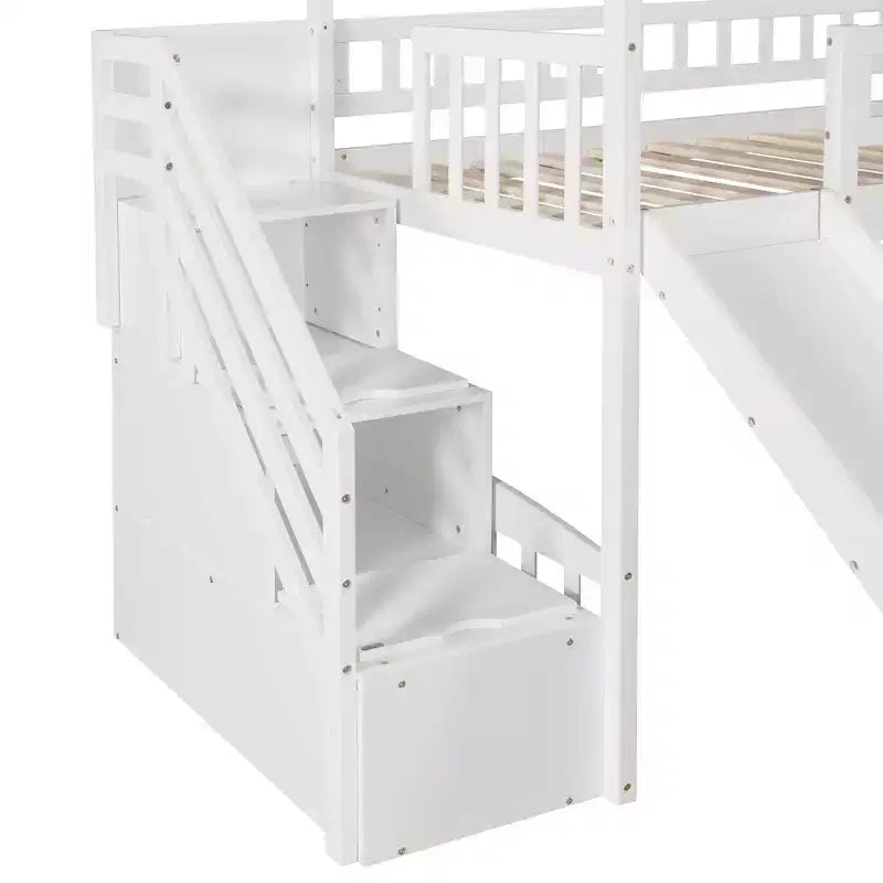 Cama alta tipo casa Twin com escorrega e escadas, cama alta com gavetas de arrumação, cama alta de madeira tipo cabana para crianças e bebés