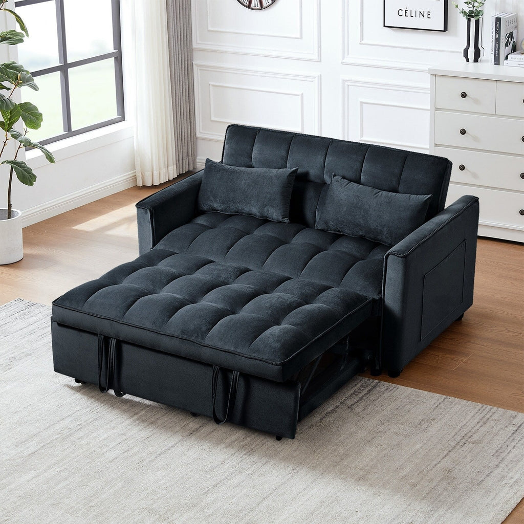 Sofá-cama moderno extensível, sofá-cama 3-em-1 com encosto ajustável, sofá de dois lugares em veludo, almofadas e bolsos laterais