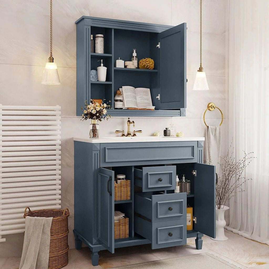 Moderne badkamermeubelset van 36 inch met wastafelblad, spiegelkast, 2 deuren en 2 laden