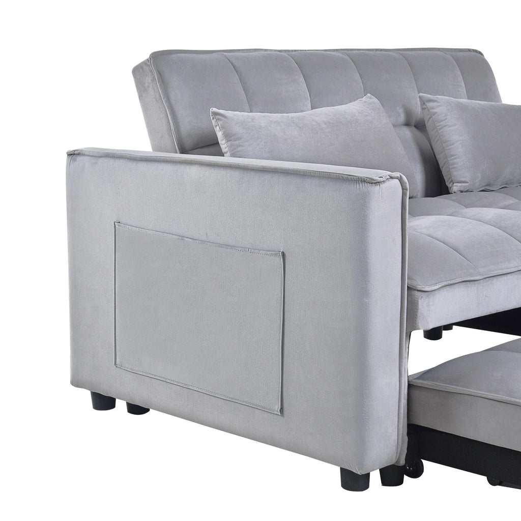 Sofá-cama moderno extensível, sofá-cama 3-em-1 com encosto ajustável, sofá de dois lugares em veludo, almofadas e bolsos laterais