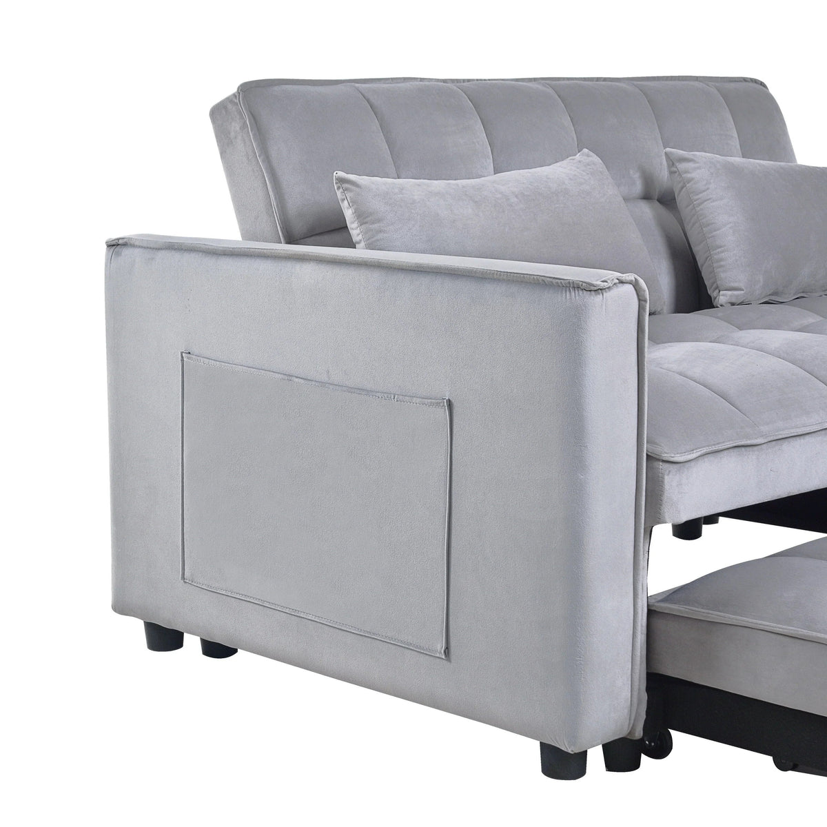 Sofá-cama moderno extensível, sofá-cama 3-em-1 com encosto ajustável, sofá de dois lugares em veludo, almofadas e bolsos laterais