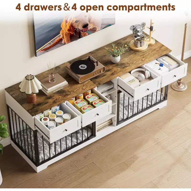 82 Casota de mobiliário para dois cães, canil grande para interior, casota de madeira resistente para 2 cães com suporte para TV, 4 gavetas e prateleiras