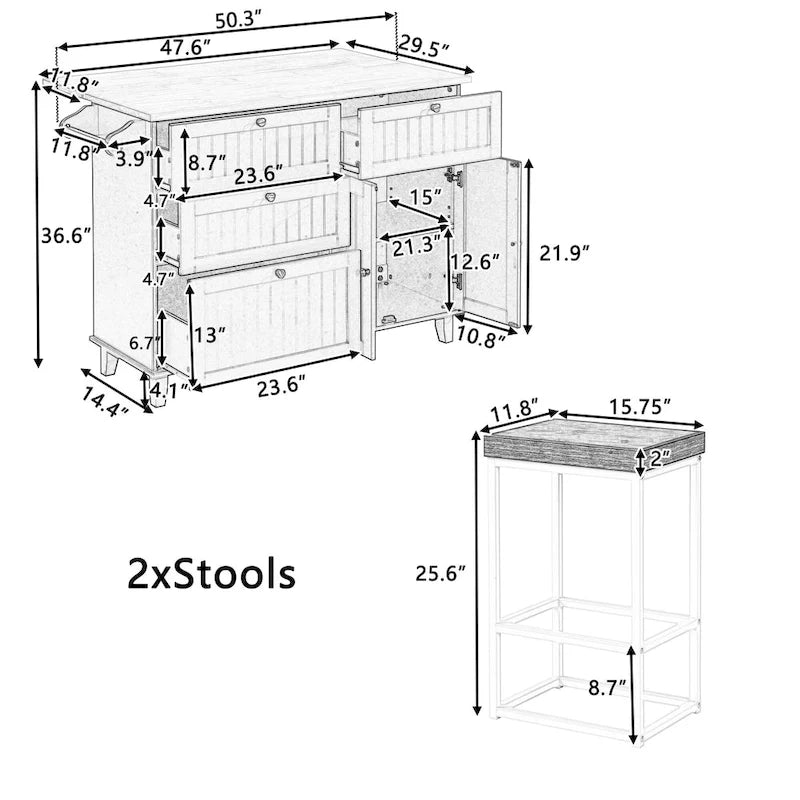 Conjunto de ilha de cozinha TOPMAX com aba rebatível e 2 lugares, conjunto de mesa de jantar com prateleira ajustável, gavetas e toalheiro