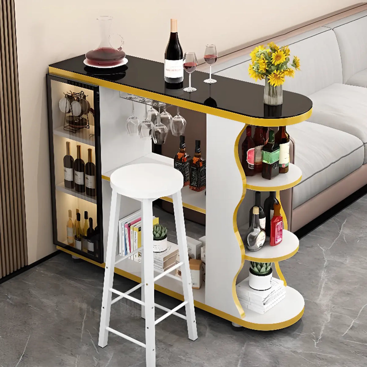 Table de bar moderne de forme libre avec plateau en pierre et rangement pour bars à domicile