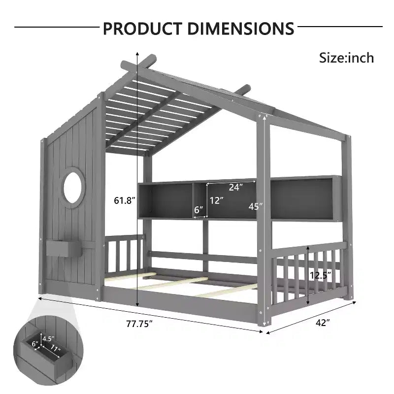 Estrutura de cama de plataforma para crianças de tamanho individual/duplo, cama de chão Montessori infantil, cama casinha de brincar com prateleira de arrumação - ModernLuxe