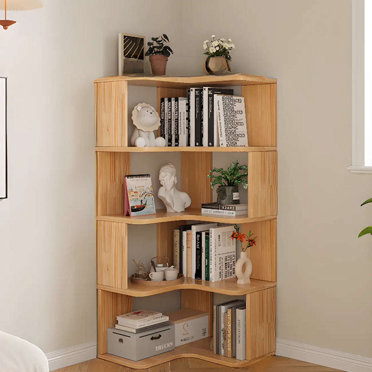 Vertikales L-förmiges Bücherregal aus Holz mit natürlicher Oberfläche und offener Rückseite