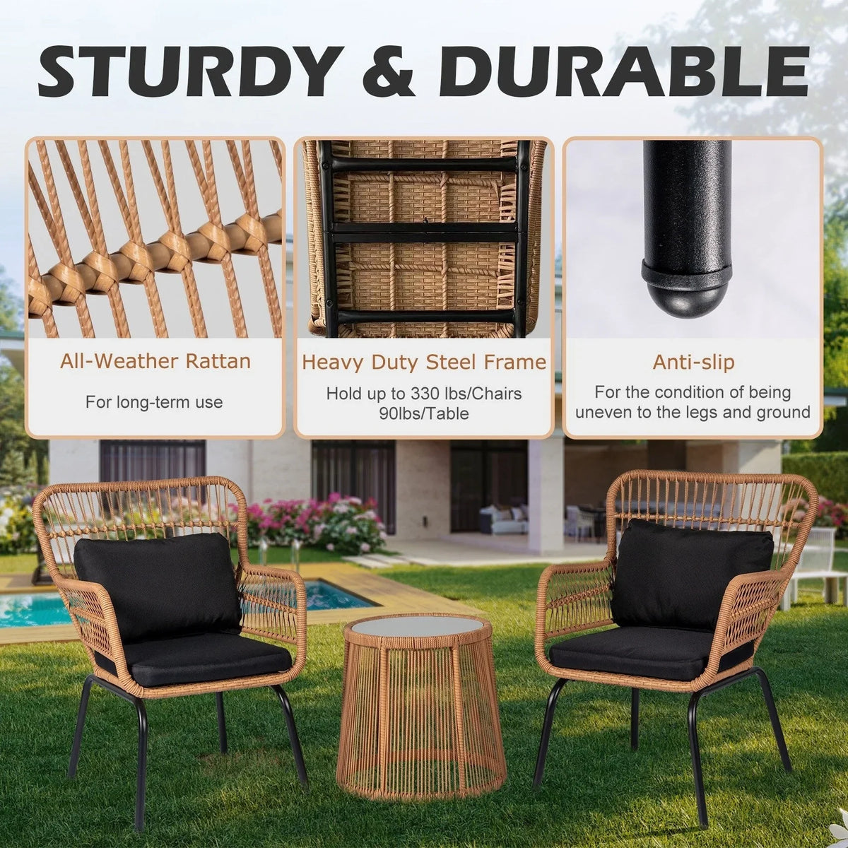 Ensemble bistro de conversation extérieur en osier de 3 pièces, mobilier de patio en rotin toutes saisons avec coussins