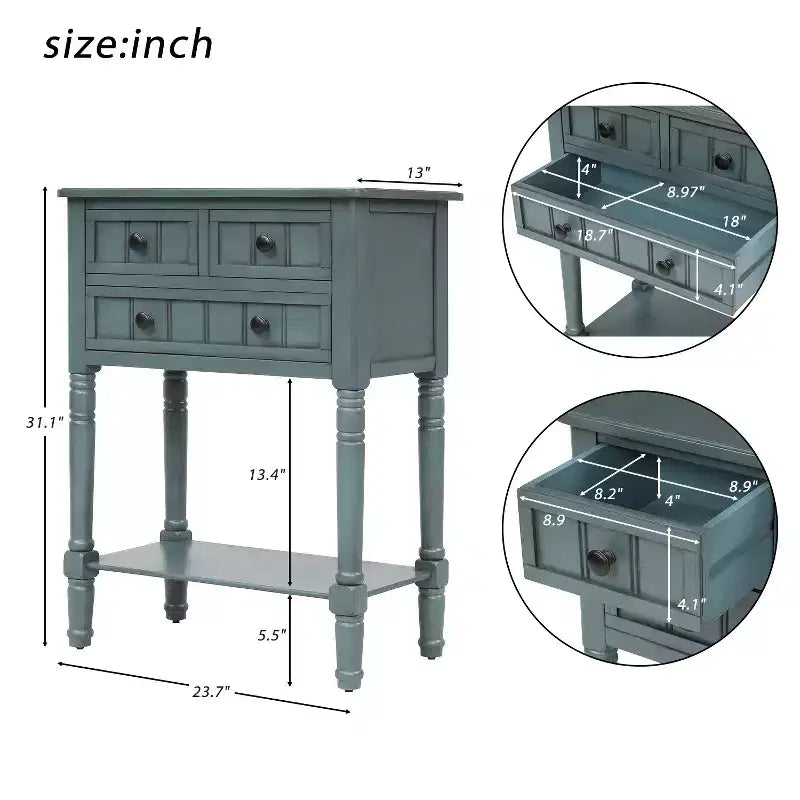 Mesa de consola estreita de 23.7 pol. com 3 gavetas e prateleira, mesa de sofá para entradas ou salas de estar pequenas