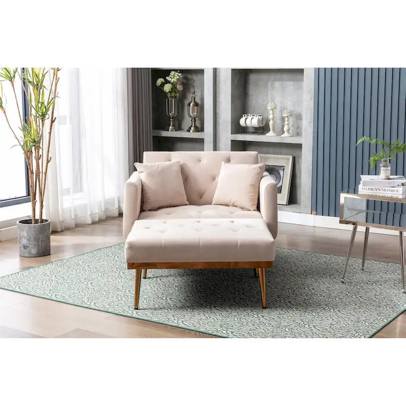 Poltrona letto in velluto imbottito e trapuntato per soggiorno, con gambe color oro rosato