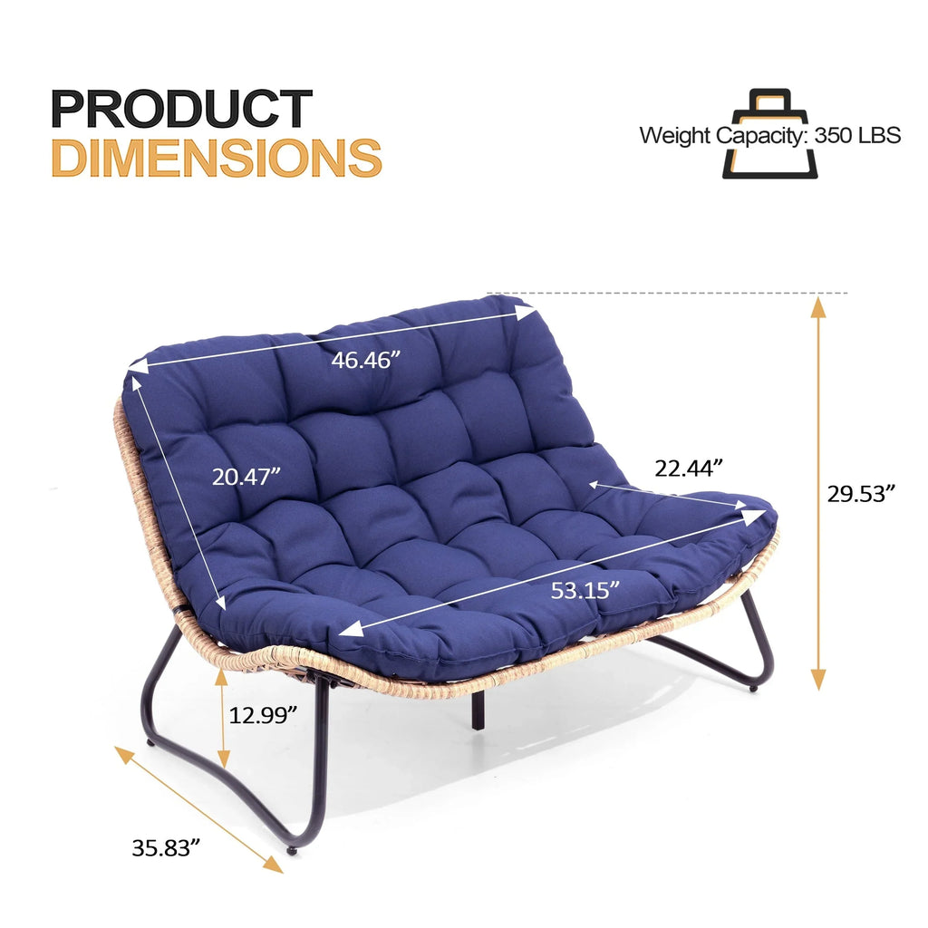Doppelter Papasan-Sessel als Loveseat mit Kissen, wetterfestes PE-Rattan und Metallgestell für drinnen und draußen
