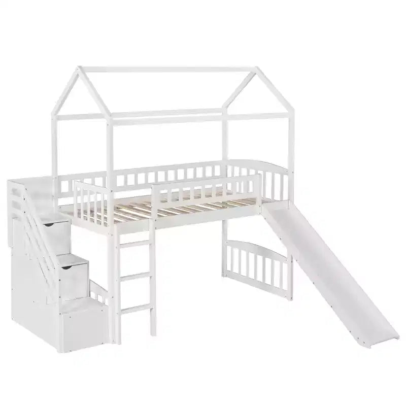 Cama alta tipo casa Twin com escorrega e escadas, cama alta com gavetas de arrumação, cama alta de madeira tipo cabana para crianças e bebés