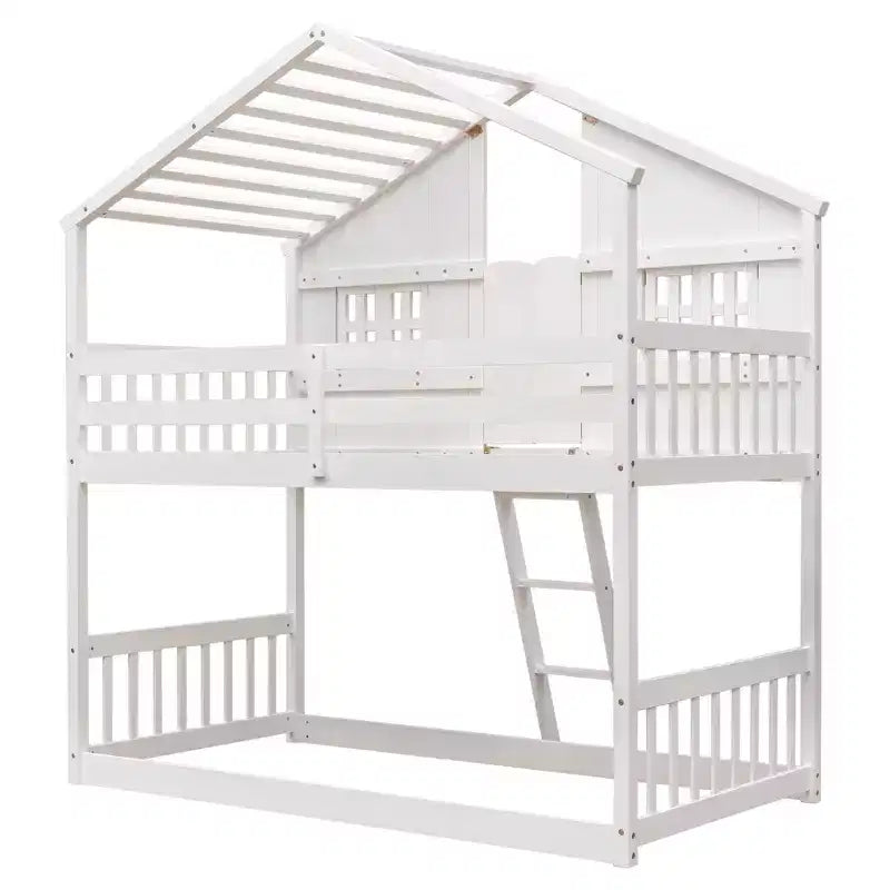 Cama alta de tamanho Twin em forma de casa, cama alta de madeira tipo casinha com escada e barreiras de proteção para crianças