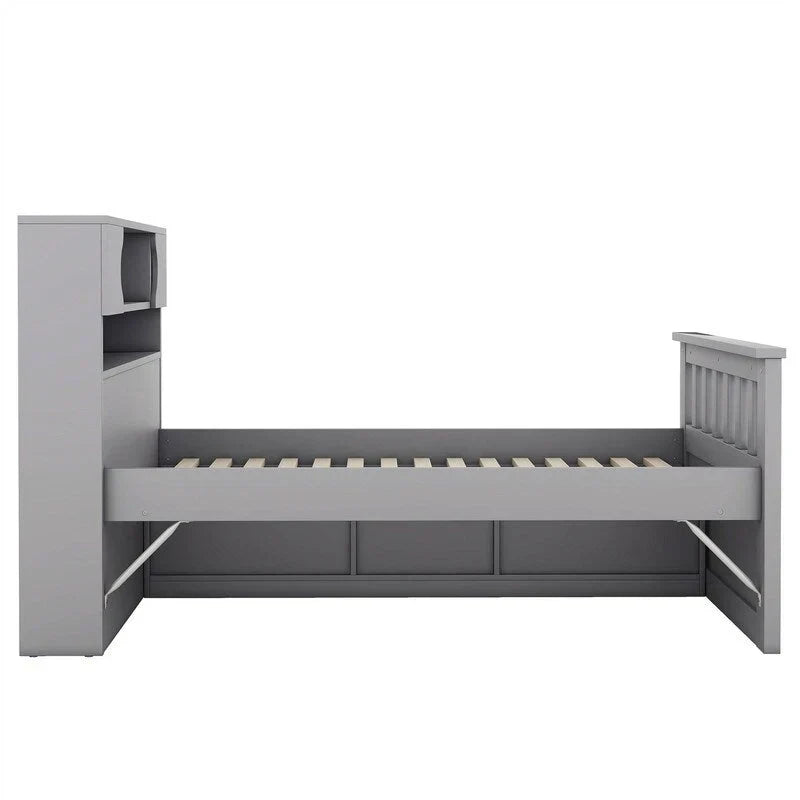 Cama de plataforma tipo capitão Twin/Full com 4 gavetas e prateleiras de arrumação, estrutura de cama em madeira maciça com cabeceira-estante para arrumação