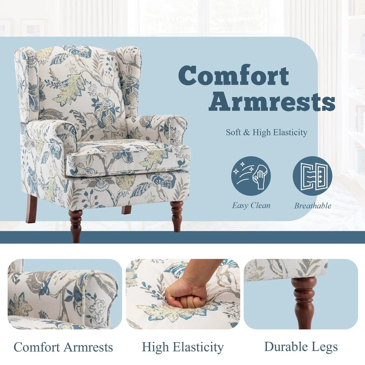 Fauteuil d’appoint moderne Erommy, fauteuil à dossier haut, canapé une place en tissu rembourré avec boutons et pieds en bois pour le salon