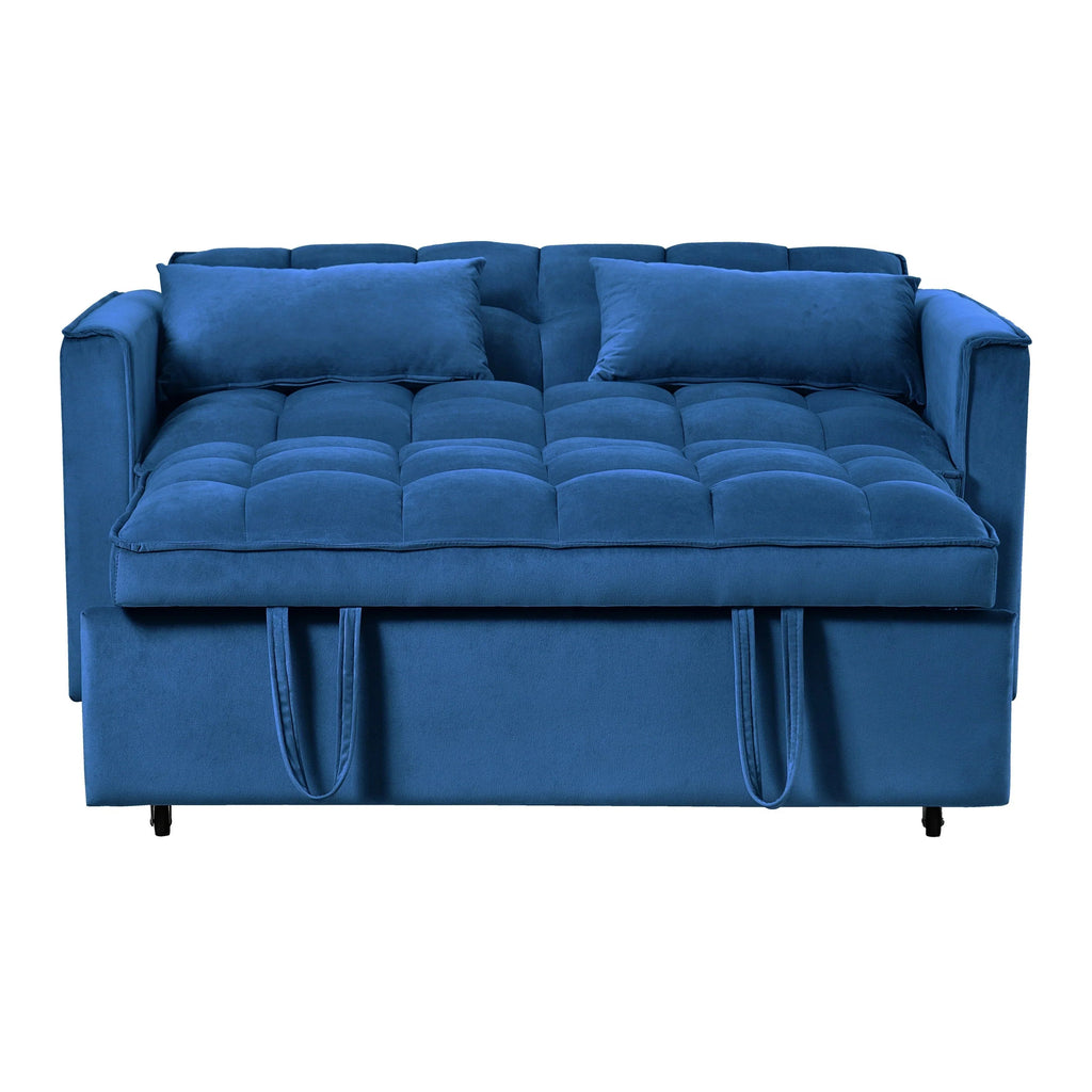Sofá-cama moderno extensível, sofá-cama 3-em-1 com encosto ajustável, sofá de dois lugares em veludo, almofadas e bolsos laterais