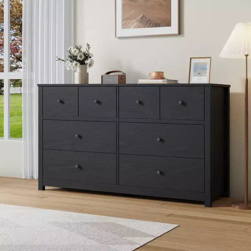 Moderne ladekast met 8 laden voor de slaapkamer, brede houten kast met diepe opbergruimte, vrijstaande organiserende kast voor de woonkamer