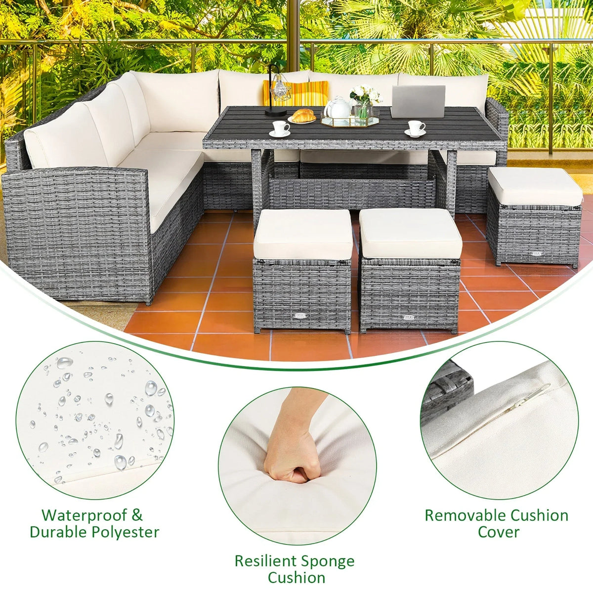 Costway 7 PCS Patio Rattan Dining Set Sectional Sofa Couch Ottoman - See Details