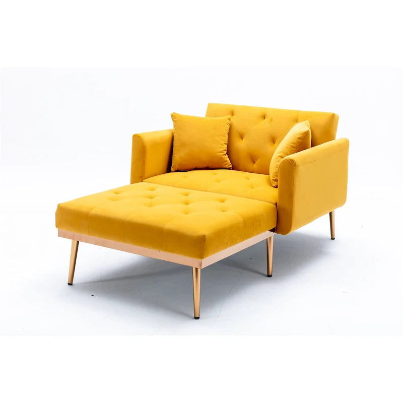 Poltrona letto in velluto imbottito e trapuntato per soggiorno, con gambe color oro rosato