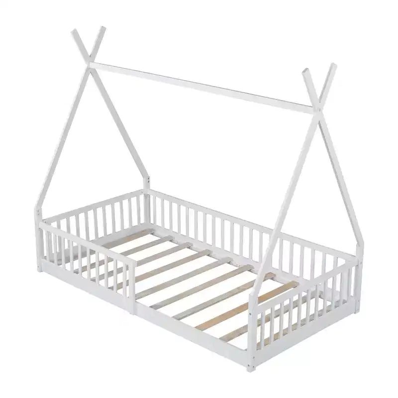Cama de chão para crianças, camas-tenda individuais, cama de chão Montessori com ripas e grades de proteção, estrutura de cama-casa de madeira para meninos e meninas