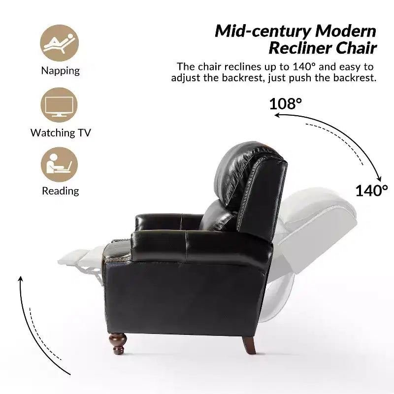 Conjunto de 2 cadeirões reclináveis Elisabete modernos, de costas altas, em pele genuína, com acabamento vintage de tachas, para sala de estar e quarto| ART OF LIVING DESIGNS
