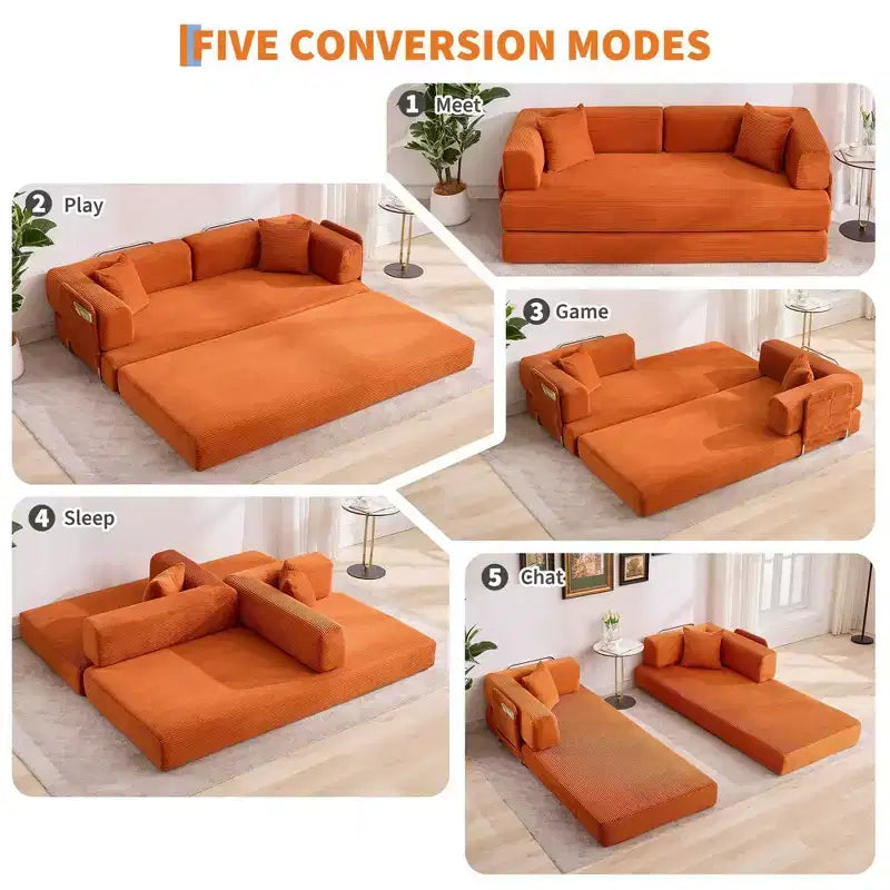 Sofá-cama, colchão dobrável 5-em-1 de 78.8, sofá/canapé, estrutura de aço de formato fixo, bombazina com almofadas