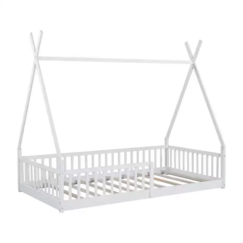 Cama de chão para crianças, camas-tenda individuais, cama de chão Montessori com ripas e grades de proteção, estrutura de cama-casa de madeira para meninos e meninas