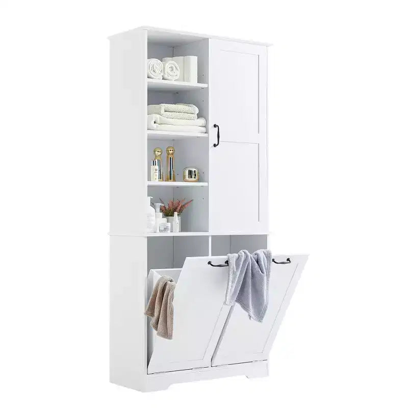 Armário de arrumação para casa de banho com portas e gavetas, cesto para roupa suja basculante e múltiplos espaços de arrumação, estilo autónomo