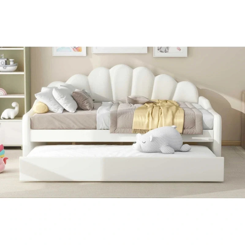 Full Size Upholstered Daybed with Shell Backrest and Trundle
