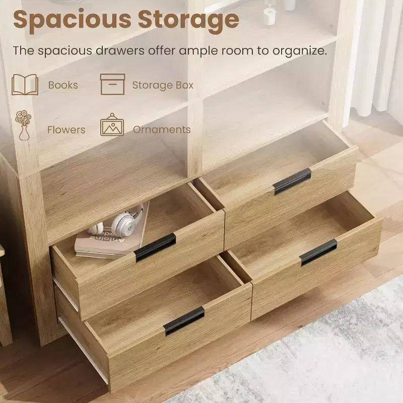 183 cm hohes Bücherregal mit 4 Schubladen, freistehendes Bücherregal im Landhausstil für Schlafzimmer, Wohnzimmer und Homeoffice