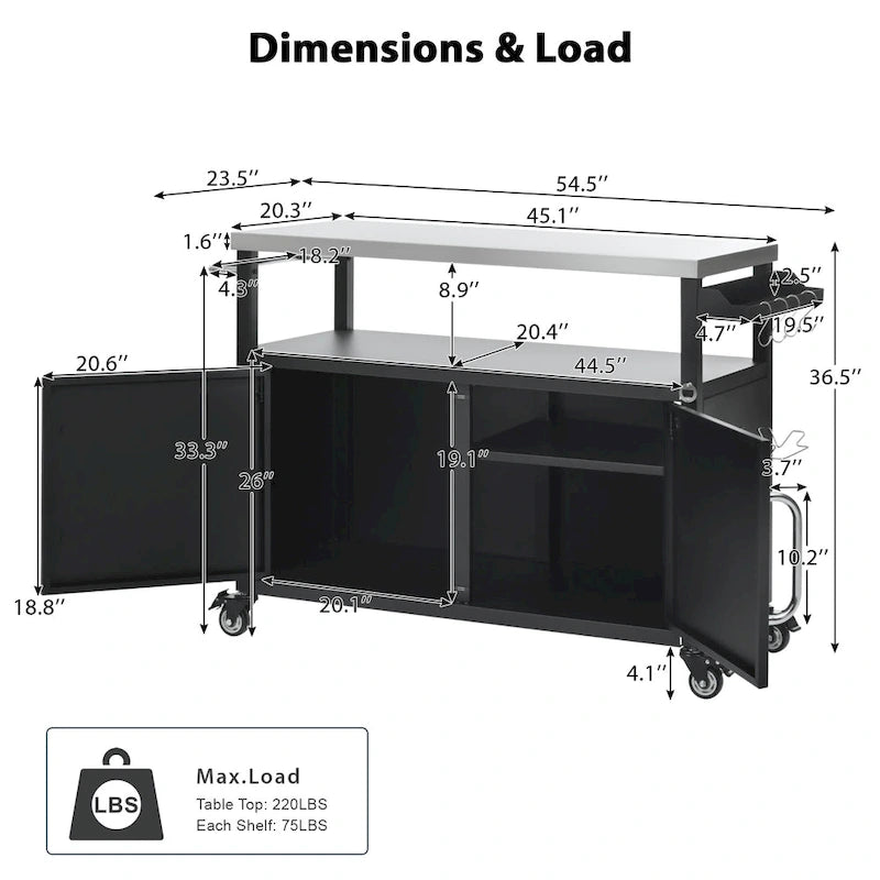 Ilha de cozinha exterior com tampo em aço inoxidável, mesa carrinho para grelhador em metal com armário de arrumação - N/A