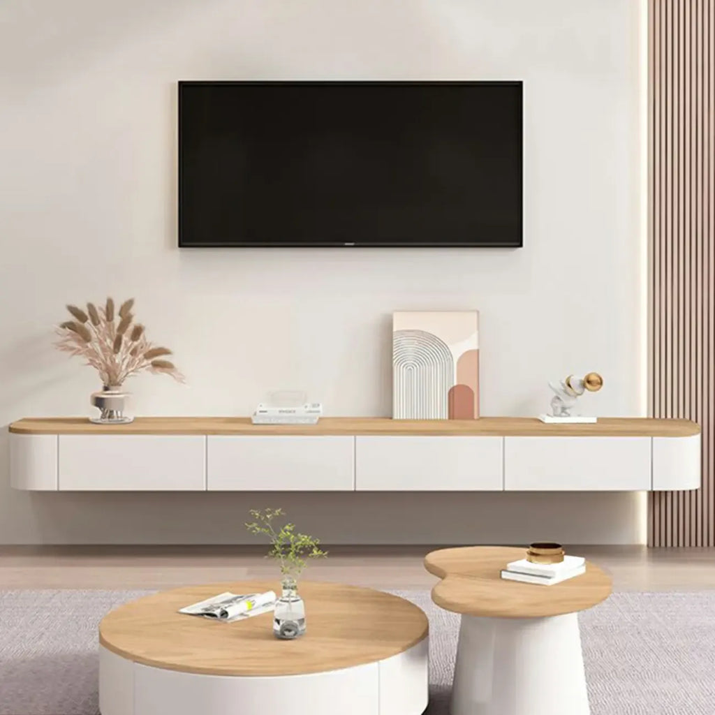 Moderner langer weißer schwebender TV-Schrank aus Holz mit Schubladen