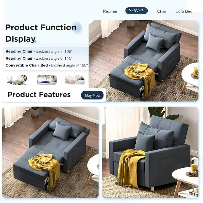 Poltrona-cama ajustável, convertível em 3 funções, várias cores, para 1 pessoa