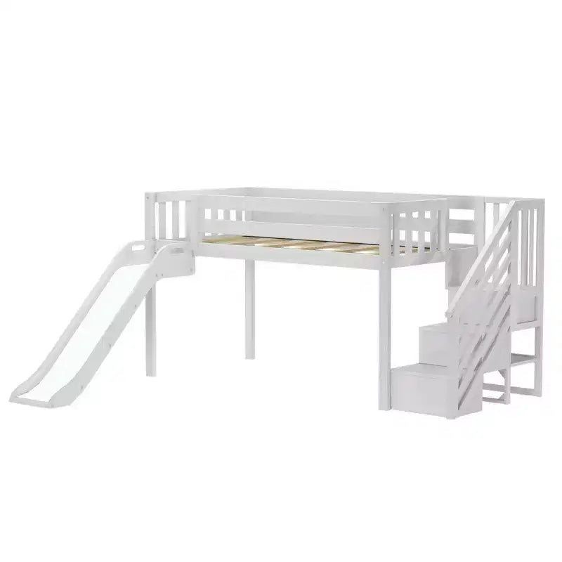 Cama baixa elevada individual para crianças com escorrega e escadas, madeira maciça, 14 proteções, capacidade de 400 lb