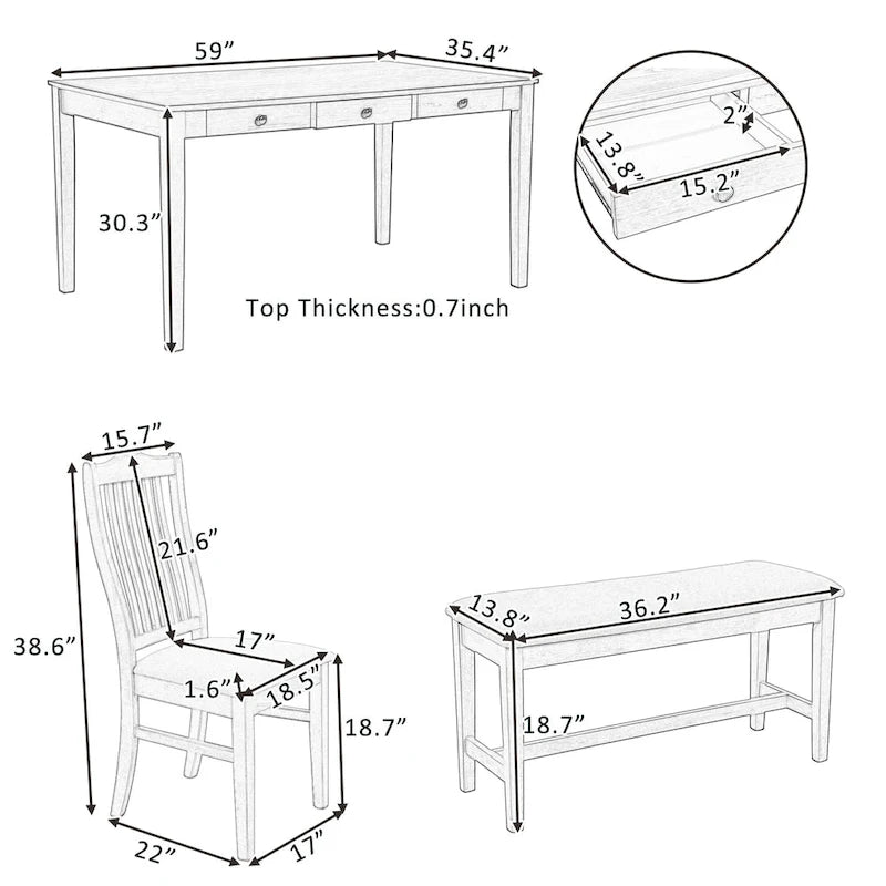 6-teiliges Esszimmer-Set aus Holz mit 4 Stühlen und Bank, Tisch mit Schublade