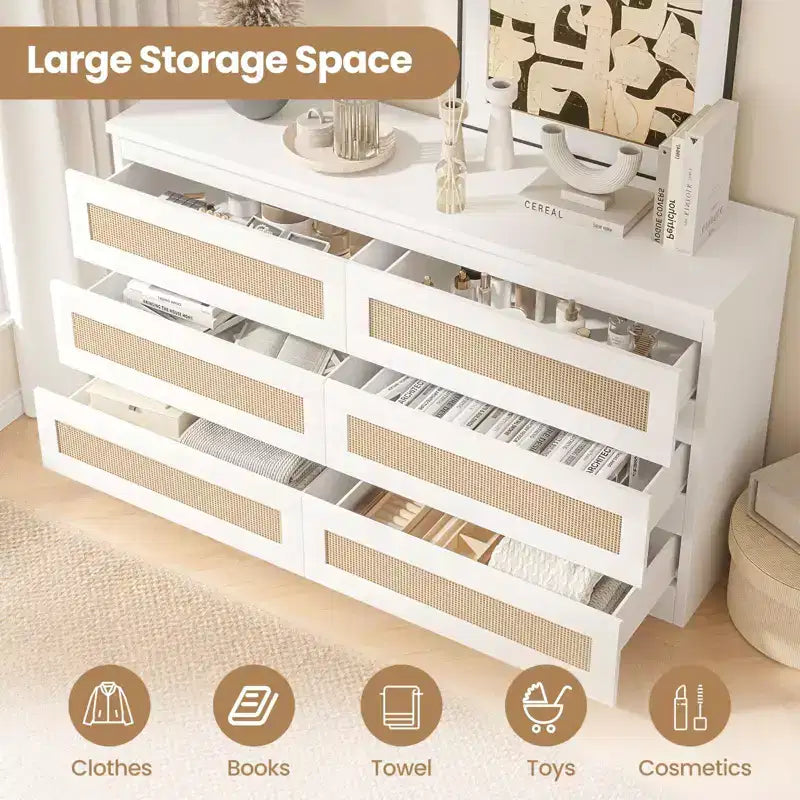 Cómoda de rattan para quarto com 6 gavetas, cómoda larga de estilo quinta moderno de 47, armário organizador de arrumação em madeira para closet, sala de estar e corredor