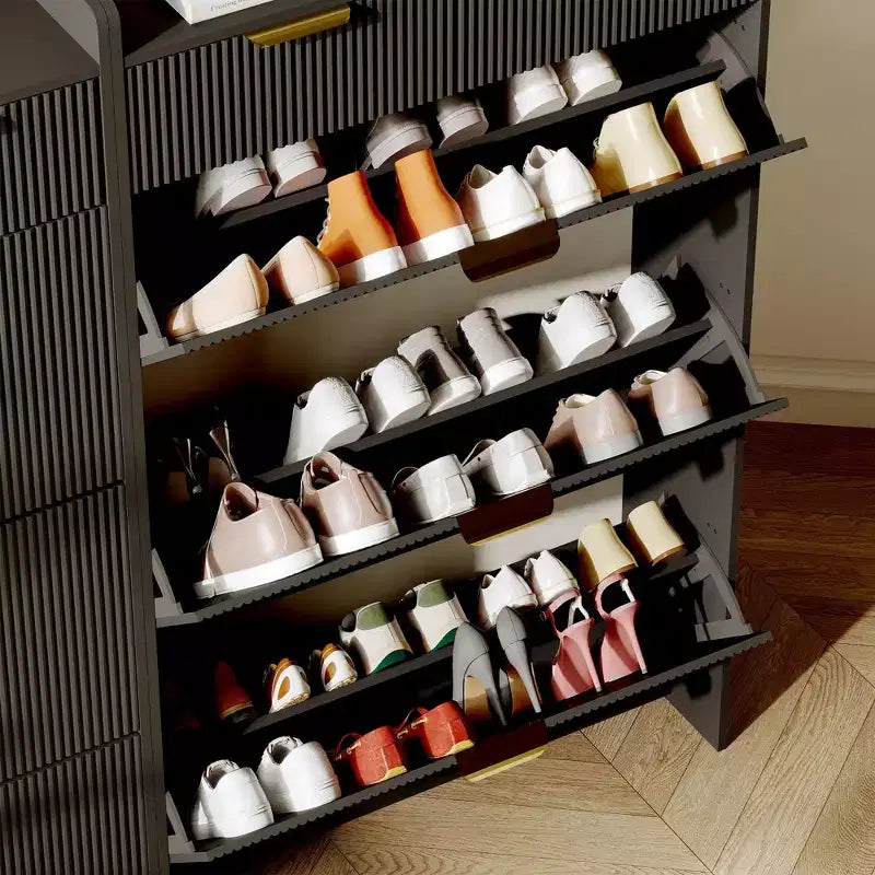 Armário moderno branco para sapatos com 3 gavetas basculantes, 2 gavetas pequenas e gancho, organizador estreito de sapatos com frentes caneladas, armário estreito para entrada