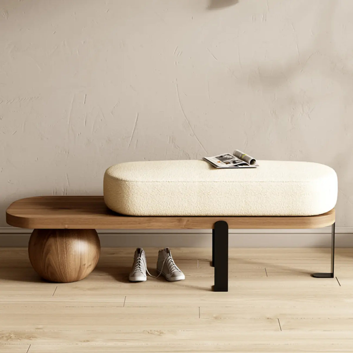 Panca corta moderna in legno con imbottitura beige