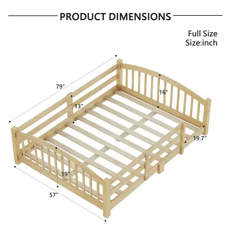 Lit Montessori bas Luxystar, taille double, avec barrières de sécurité et tête de lit