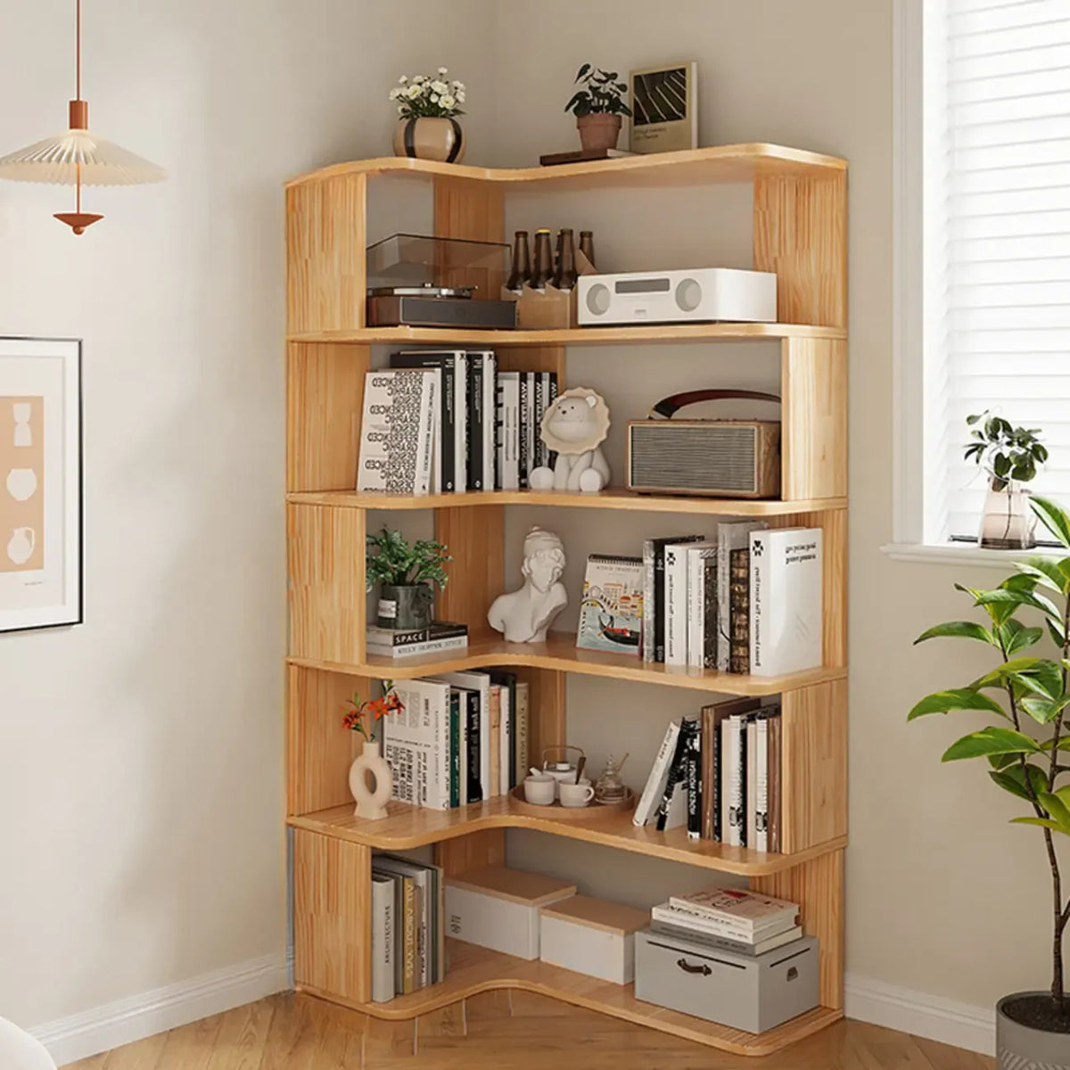 Vertikales L-förmiges Bücherregal aus Holz mit natürlicher Oberfläche und offener Rückseite